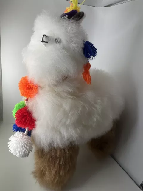 Handmade Peruvian Llama Plush Real Fur Stuffed Animal 12" Alpaca Toy Hat & Scarf