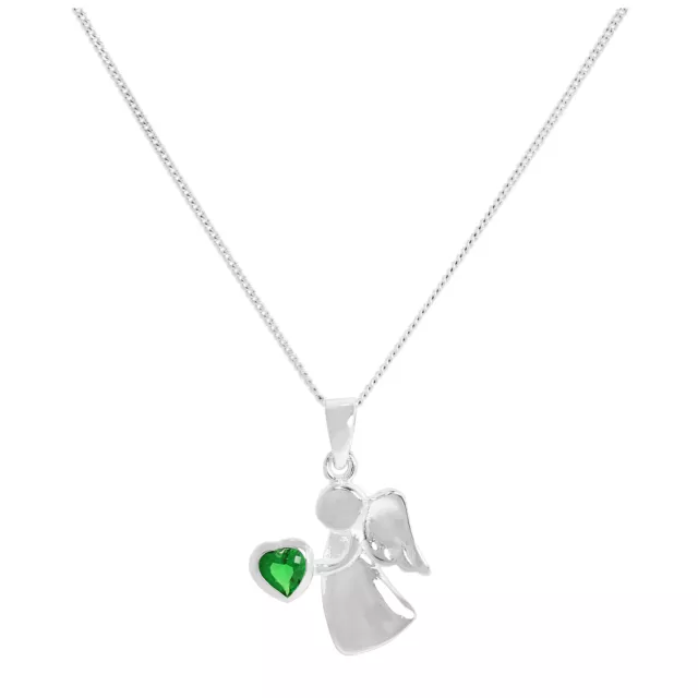 Sterling Silver & Emerald CZ Birthstone Angel Necklace 14 - 32 Inches