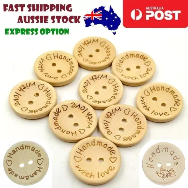 25x 15mm "Handmade with Love" Round Wooden Buttons Handmade Clothes