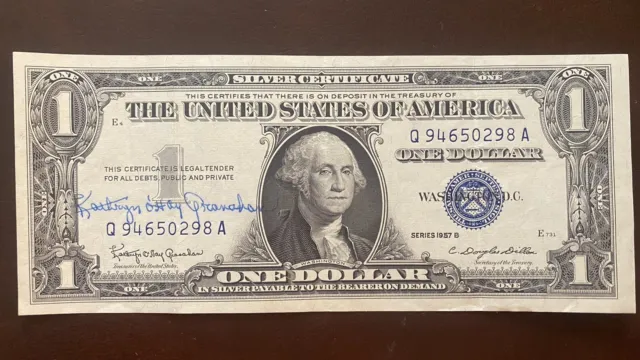 1957 B One Dollar Silver Certificate * SIGNED by US Treasurer * $1 Bill #56483