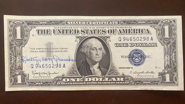 1957 B One Dollar Silver Certificate * SIGNED by US Treasurer * $1 Bill #56483