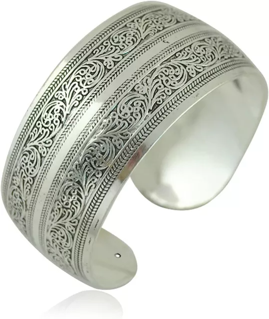 Elegant And Luxury Tibet Silver Carved Spiral Flower Wide Open Cuff Bracelet 2