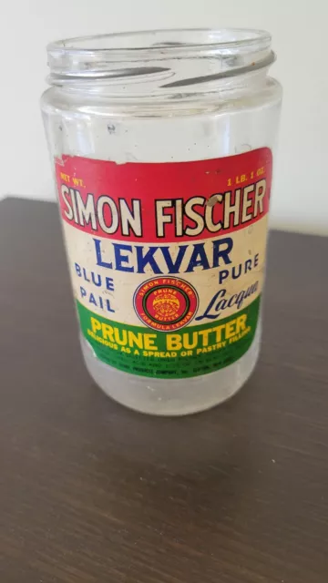 Vintage Simon Fischer Lekvar Prune Butter  Glass Jar Bottle Blue Pail