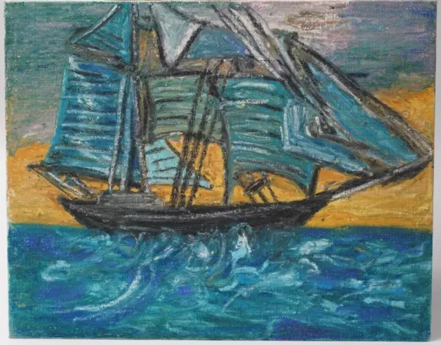 1960's Original Oil Painting, Old Ship Art Sea, Vintage Art, 8" by 10"