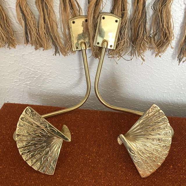 Vtg Gold Brass Fan Curtain Drapery Holdback Sconces Tie Backs Fan Floral Design