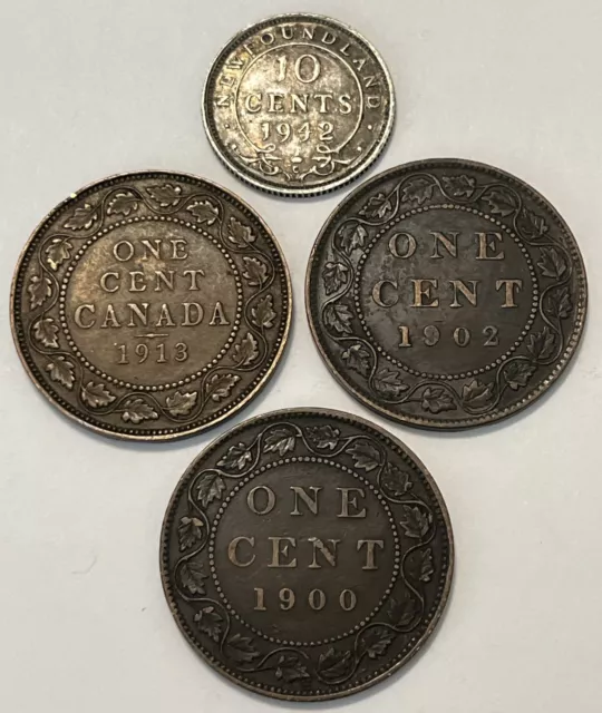 CANADA 1942 10c Newfoundland Silver & 1900 1902 1913 One Cent 4 Coins