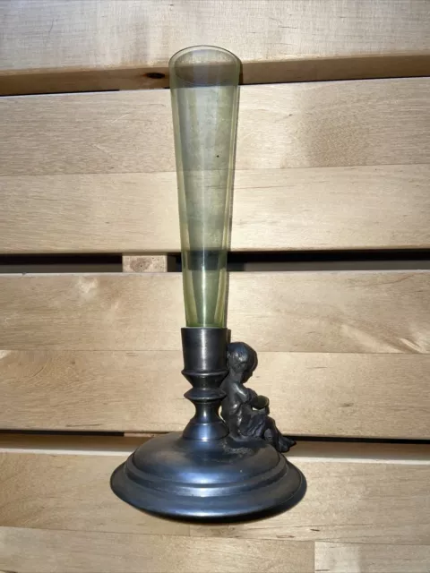 Antique Victorian Silverplate Figural Bud Vase Green Glass Wilcox #2383