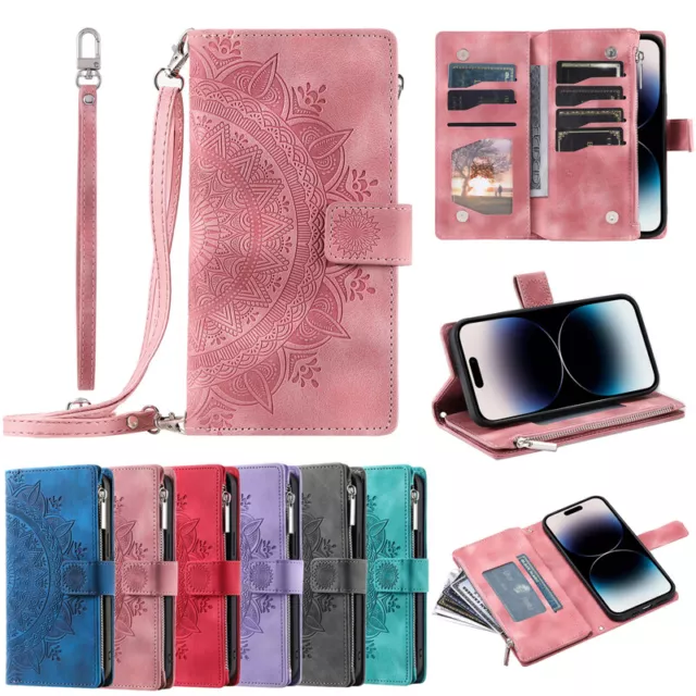 Zip Purse Card Leather Wallet Lanyard Case Magnetic  cover For Various Phone