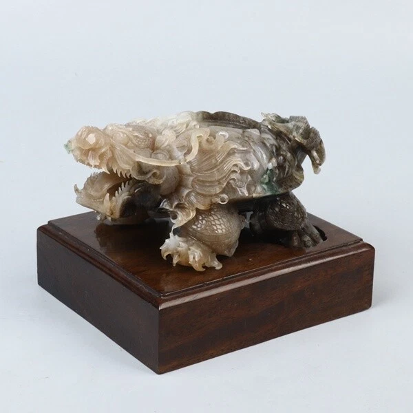 Chinese Exquisite Hand-carved Dushan Jade Dragon turtle statue