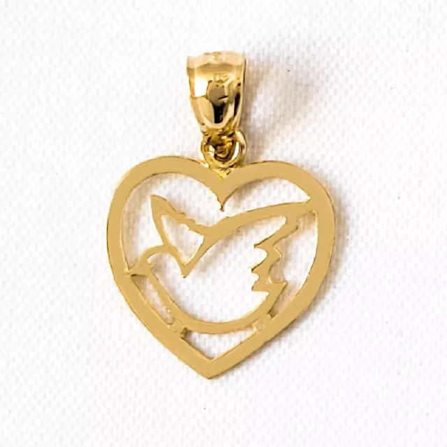 14k Oro Amarillo Corazón Con Paloma Pájaro Colgante / Dije, Hecho En Eeuu