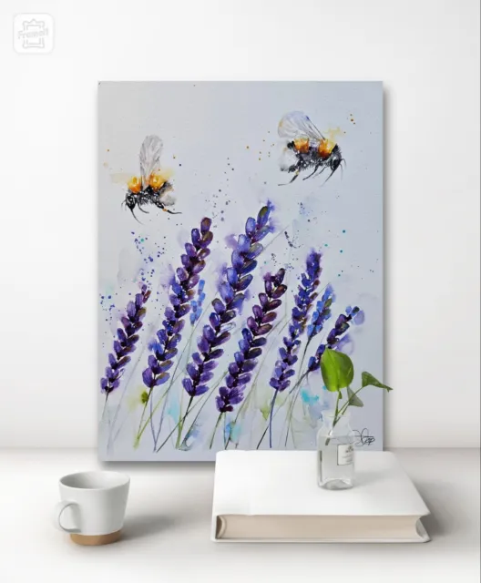 Large original signed watercolour art painting by Elle Smith Bee & Lavender