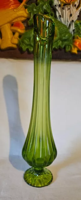 Vintage MCM LE Smith Avocado Green Ribbed Pedestal Swung Vase 14.5"