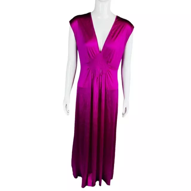 Vintage Samye Sz Medium Nightgown Medium Maxie V Neck Pink Violet Nylon Flaw