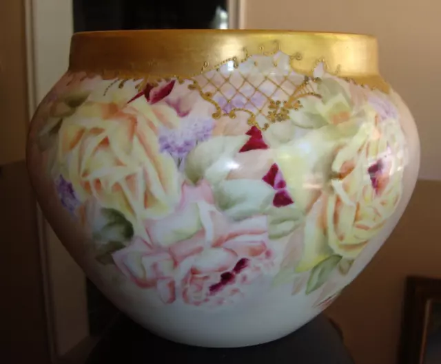 Antique Limoges T&V Hand Painted Large 11" Jardiniere Vase Planter Roses & Gold