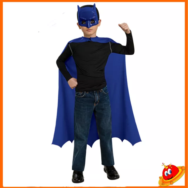 Costume Carnevale Halloween Travestimento Bambino Mantello Batman Celeste