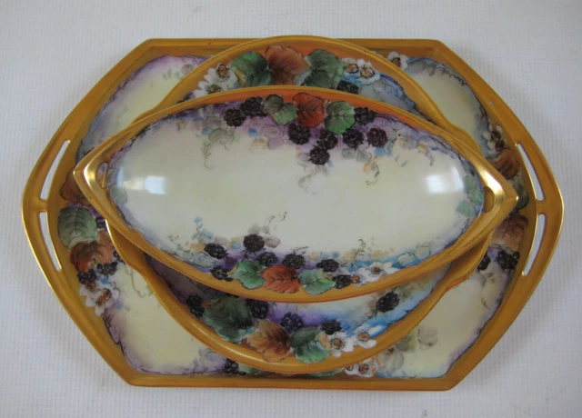 3 Piece MZ Altrohlau CMR Czechoslovakia – Blackberries Floral - Gold Rim Cutout