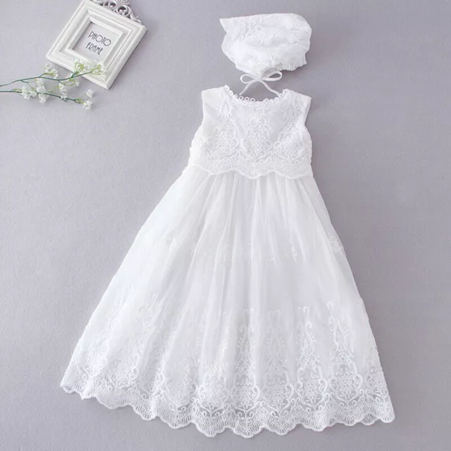 Baby Girls Christening Dress White Lace Gown and Bonnet 0 3 6 9 12 18 Months