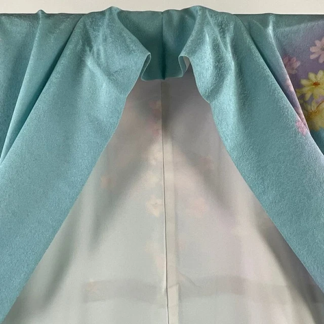 Woman Japanese Kimono Furisode Silk Silver Thread Embroidery LightBlue 170.5cm 3