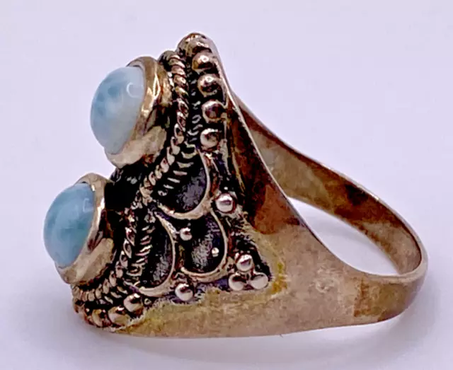 Stunning Sterling Silver Ring with 2 Rare Larimar Stones Beautifully Detailed 2