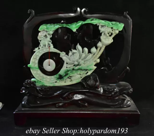 14.4" Chinese Natural Emerald Jadeite Jade Carved Fengshui Lotus Elephant Moon