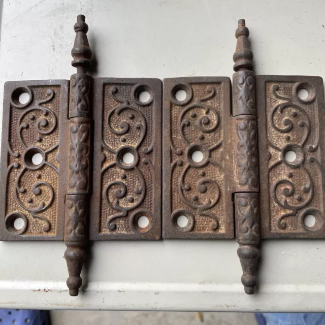 Pair Set of 2 Antique Original Victorian Steeple Tip Cast Iron Door Hinges 3 1/2