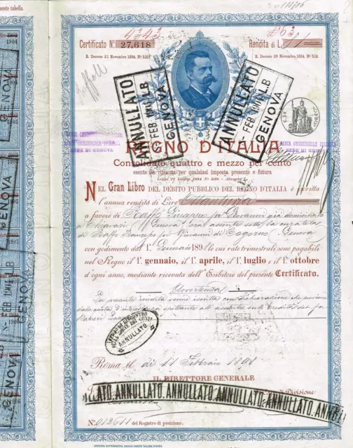 KINGDOM OF ITALY PUBLIC DEBT BOND stock certificate 1898