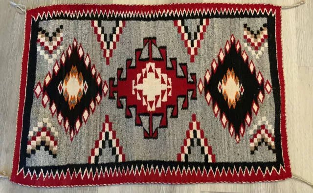 Vintage Navajo Rug, Wool, Geometric Design, Red, Black, Grey, 22 1/2” By 32 1/2” Vintage Navajo Rug, Wool, Geometric Design, Red, Black, Grey, 22 1/2” By 32 1/2”