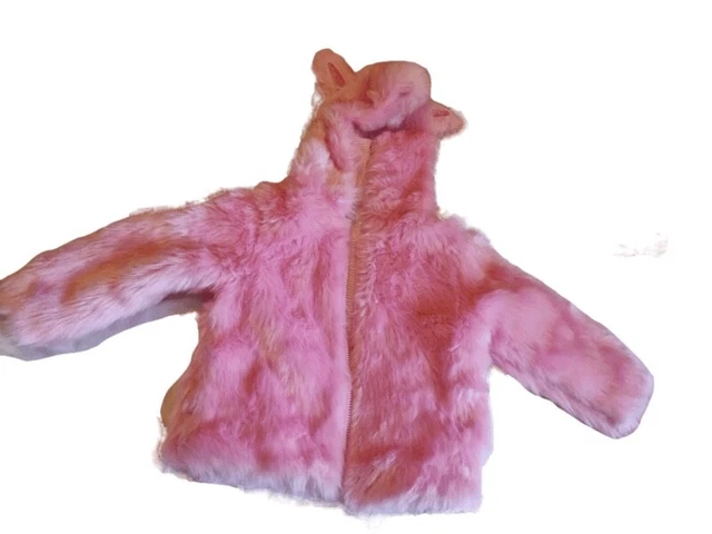 Bright Vibrant Pink Girls Kids Faux Fur Fluffy Coat W/ Hood Ear Detail 18 Months