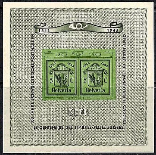 Switzerland Stamps:1943 SC B132 GEPH Souvenir Sheet. Mint Hinged.