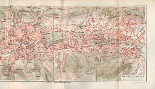 Landkarte city map 1905: Stadtplan ELBERFELD und BARMEN. Pferdebahn Fluss Wupper