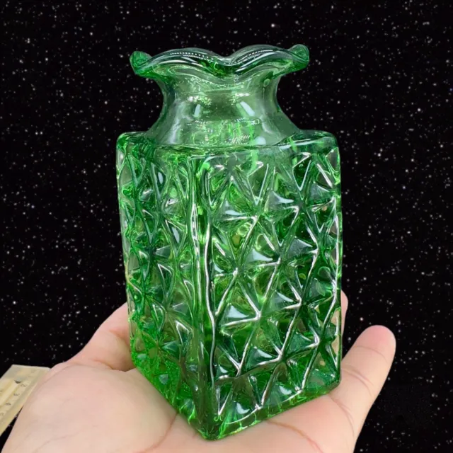 Emerald Green Square Art Glass Bad Vase Textured Glass Vase Ruffled Top 4.5"T