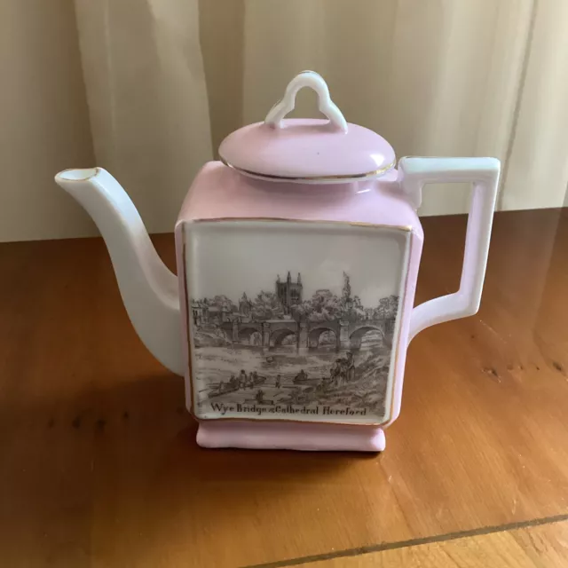 Small Pink Lustre Tea Pot Unusual Shape Wye Bridge And Cathedral