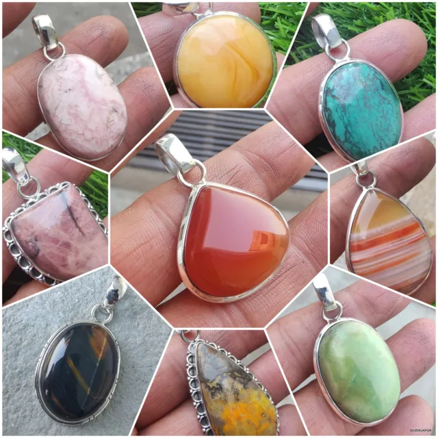925 Solid Sterling Silver Natural Multi Gemstone Handcrafted Beautiful Pendants