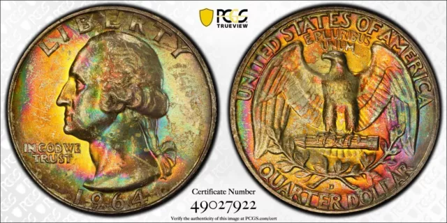 MS67 CAC 1964-D 25C Washington Silver Quarter, PCGS Trueview Vivid Rainbow Toned