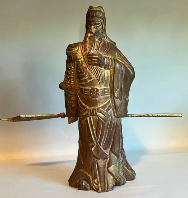 12" VTG Gold leaf Wood Carved Dragon Warrior Guan Gong Yu God Statue