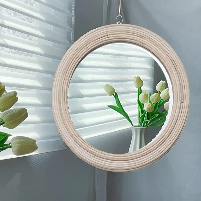 Espejo redondo de ratán colgante de pared espejo sala de estar cuerda de paja 30x30 cm baño