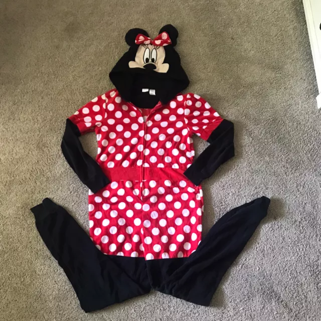 Disney Minnie Mouse Pajamas One-Piece Hooded Size Medium Union Suit Polka Dot