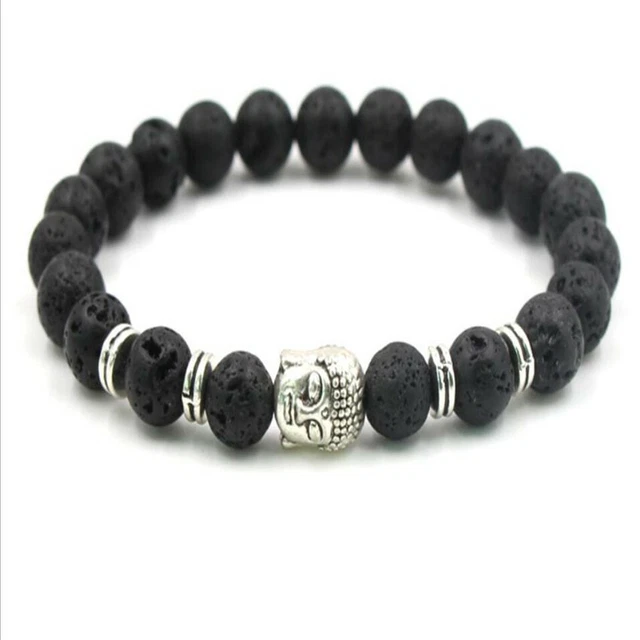 8MM Volcanics Silver Buddha Mala Bracelet Gemstone 7.5 inches Healing Wrist