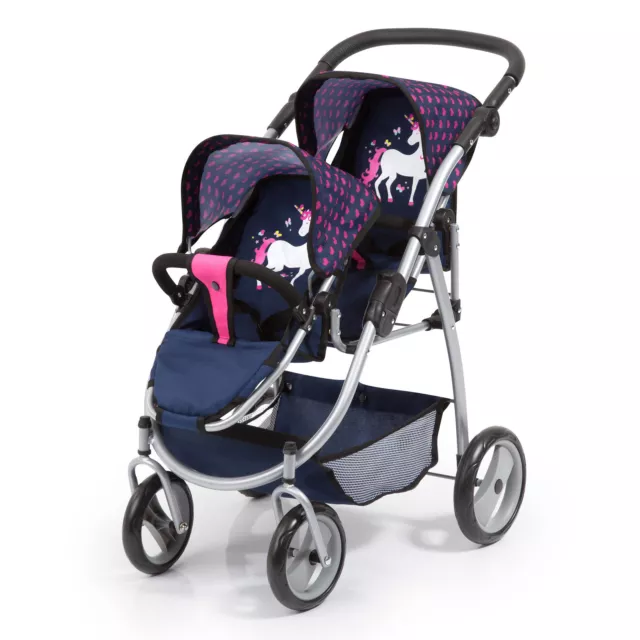 Bayer Trendy Twin Doll Pram - Navy with Pink Hearts & Unicorns