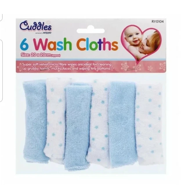 Pack Of 6 BLUE Soft Baby Face Wash Cloths Towel Flannel Machine Wash 0 Months +