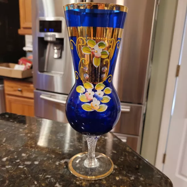 Vintage Cobalt Blue Bohemian Czech Hand Painted Flowers & Gold Tone Trim Vase