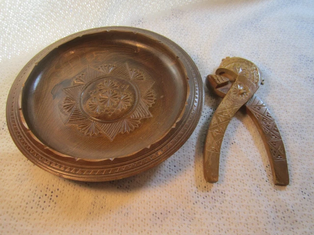 Vintage Wooden Carved Nut Bowl Dish w/ Wood Cracker Made in Yugoslavia