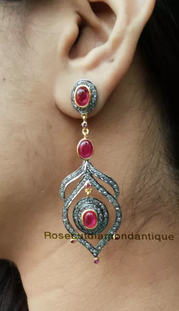 ART DECO ANTIQUE ROSE CUT DIAMOND 3.46ct RUBY DANGLE VINTAGE VICTORIAN EARRINGS