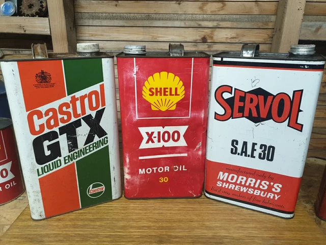 VINTAGE CASTROL GTX + SERVOL + SHELL X-100 MOTOR OIL TIN CAN One Gallon ...
