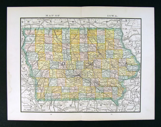 1884 McNally Iowa County Map  Des Moines Burlington Council Bluffs Cedar Rapids