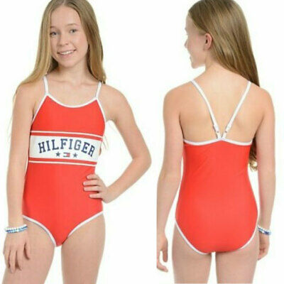 TOMMY HILFIGER Savana Girls One Piece Logo Swimsuit Red/Navy Size M (8-10) NWT