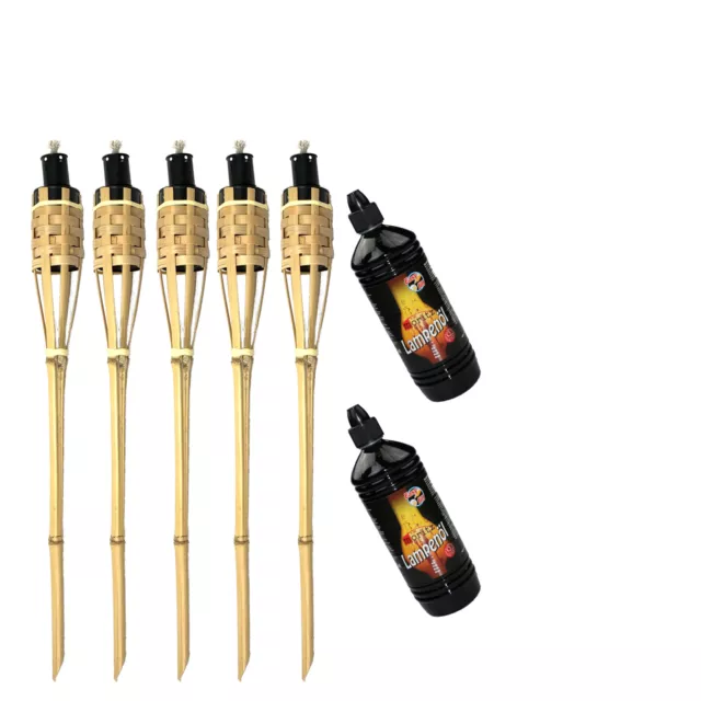 5x Bambusfackel Deluxe 90cm natur + 2x 1000ml Lampenöl Gartenfackel Ölfackel