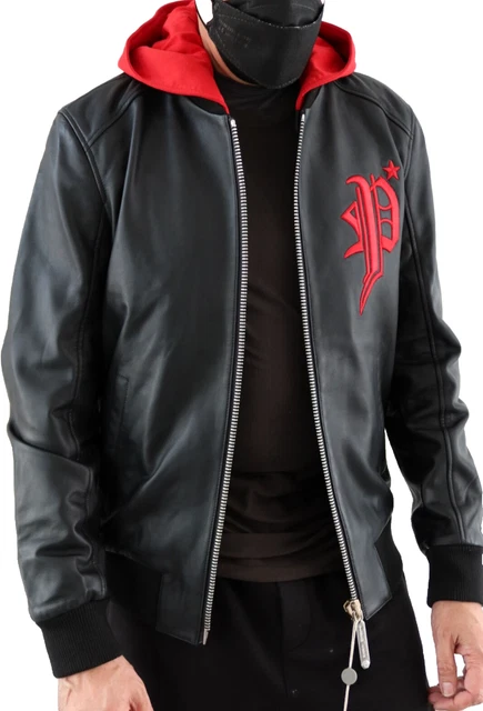 Philipp Plein Bnwt Red Hoddie Bomber Leather Jacket-Black Eu50/Us40/L (L)
