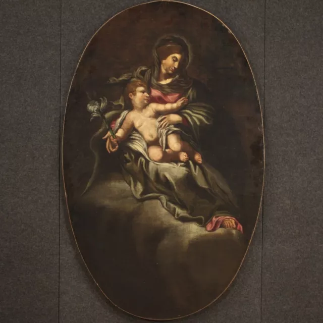 Antiguo cuadro ovalado Virgen con nino oleo sobre lienzo pintura religiosa 600