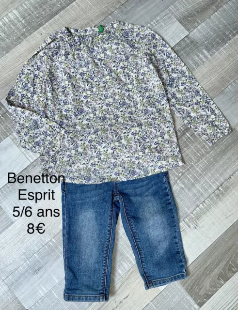 Benetton Esprit 5 / 6 Ans Fille :chemisier fleuri + pantacourt jean TBE